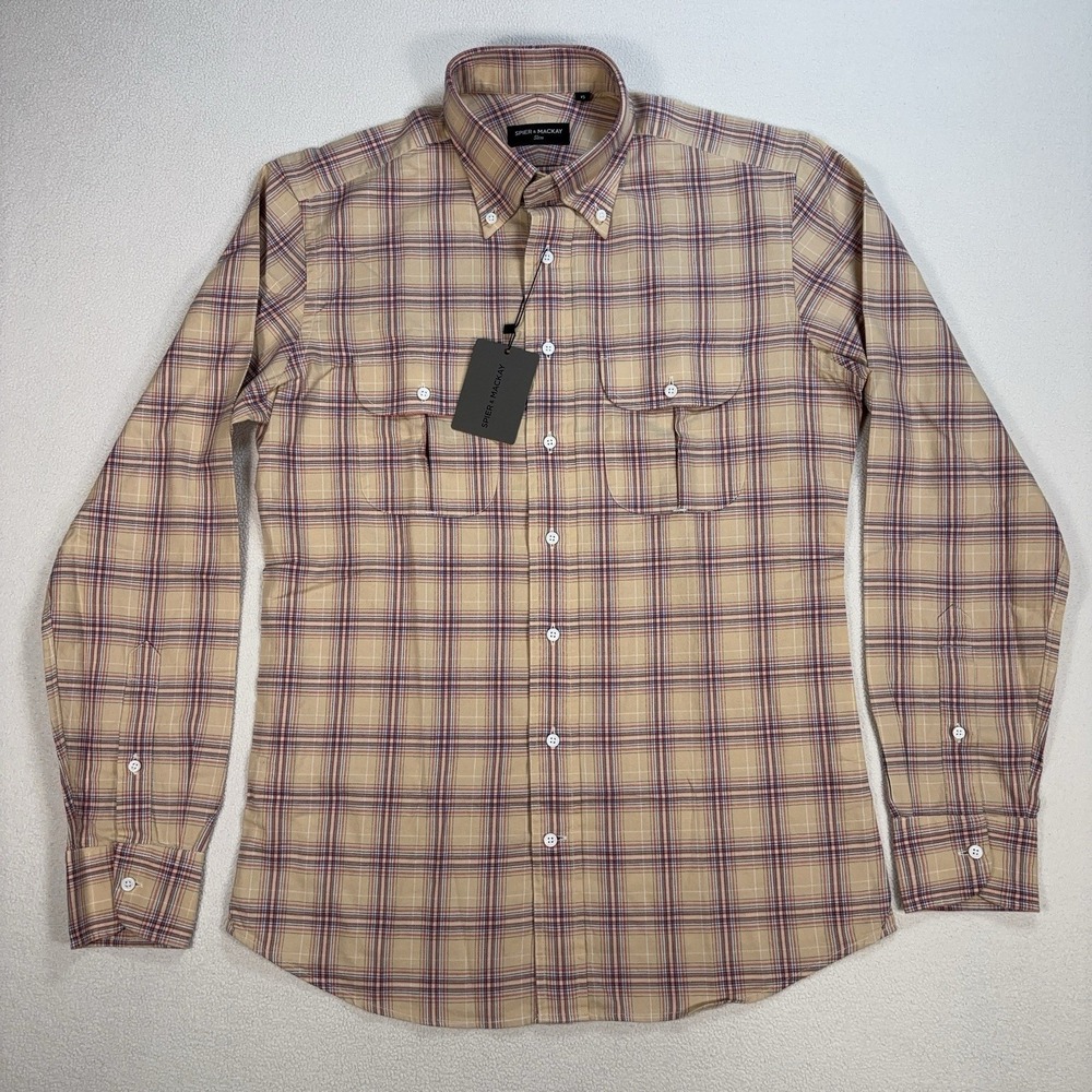 NWT Spier & Mackay Beige Check Shirt Men S Plaid Slim Premium Cotton Button Down